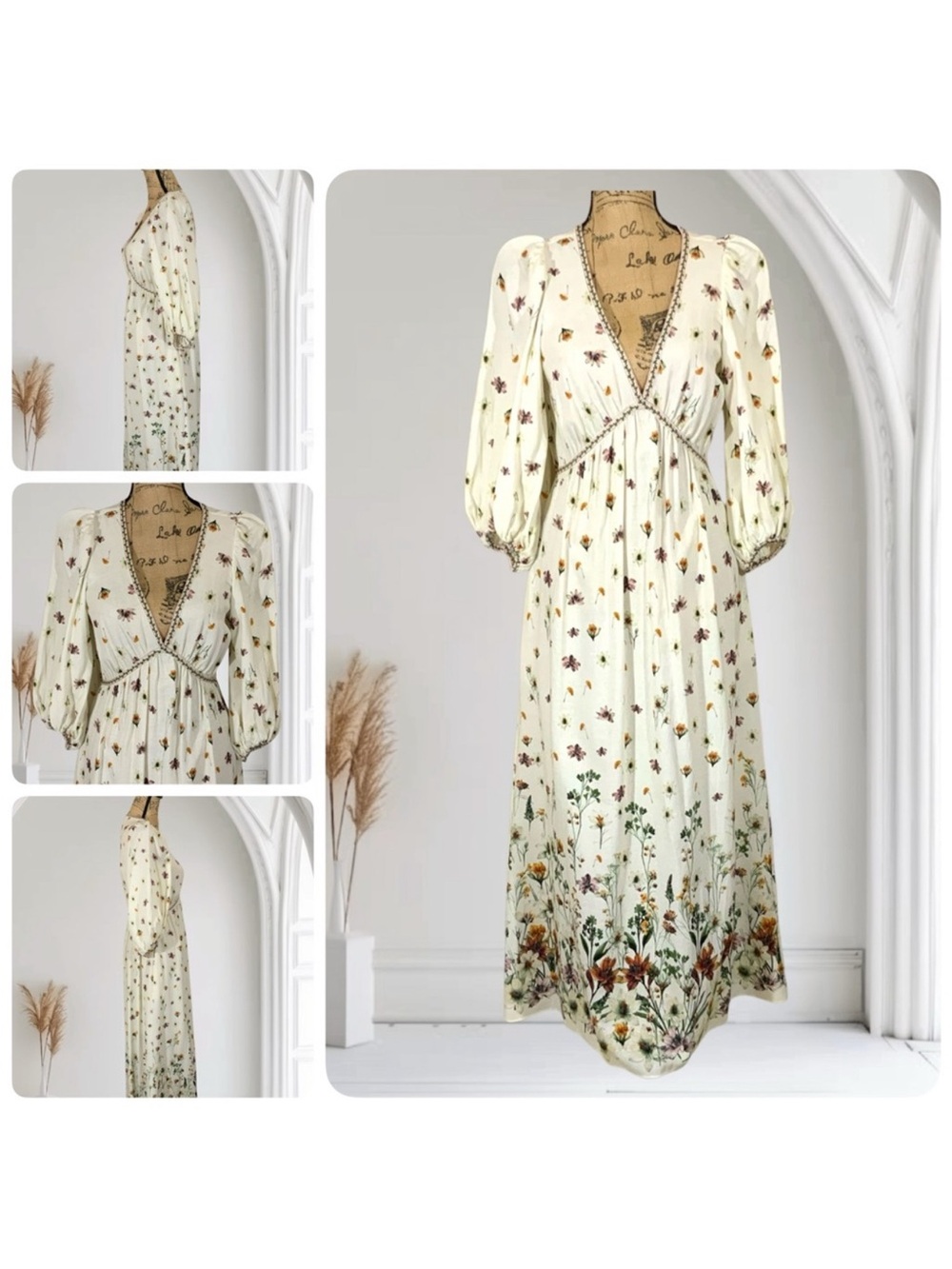 MAX STUDIO Whimsy Floral Maxi Dress with V-Neck and Puff Sleeves-Medium - Picture 2 of 11